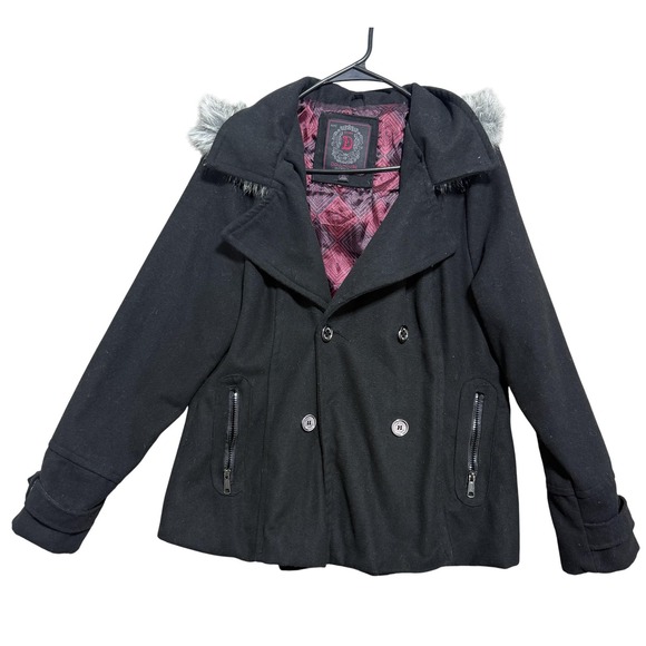 Dollhouse Jacket Womens XL Black Hooded Peacoat Faux Fur Trim Double Breasted - Picture 1 of 8